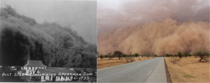 Dust storm in Texas, USA, 1935 (left), and a dust storm in Burkina Faso, 2016 (right). Credits- Photo left (Wikimedia Commons_ Creative Commons)_ photo right (Copyright- ACMAD-MESA)