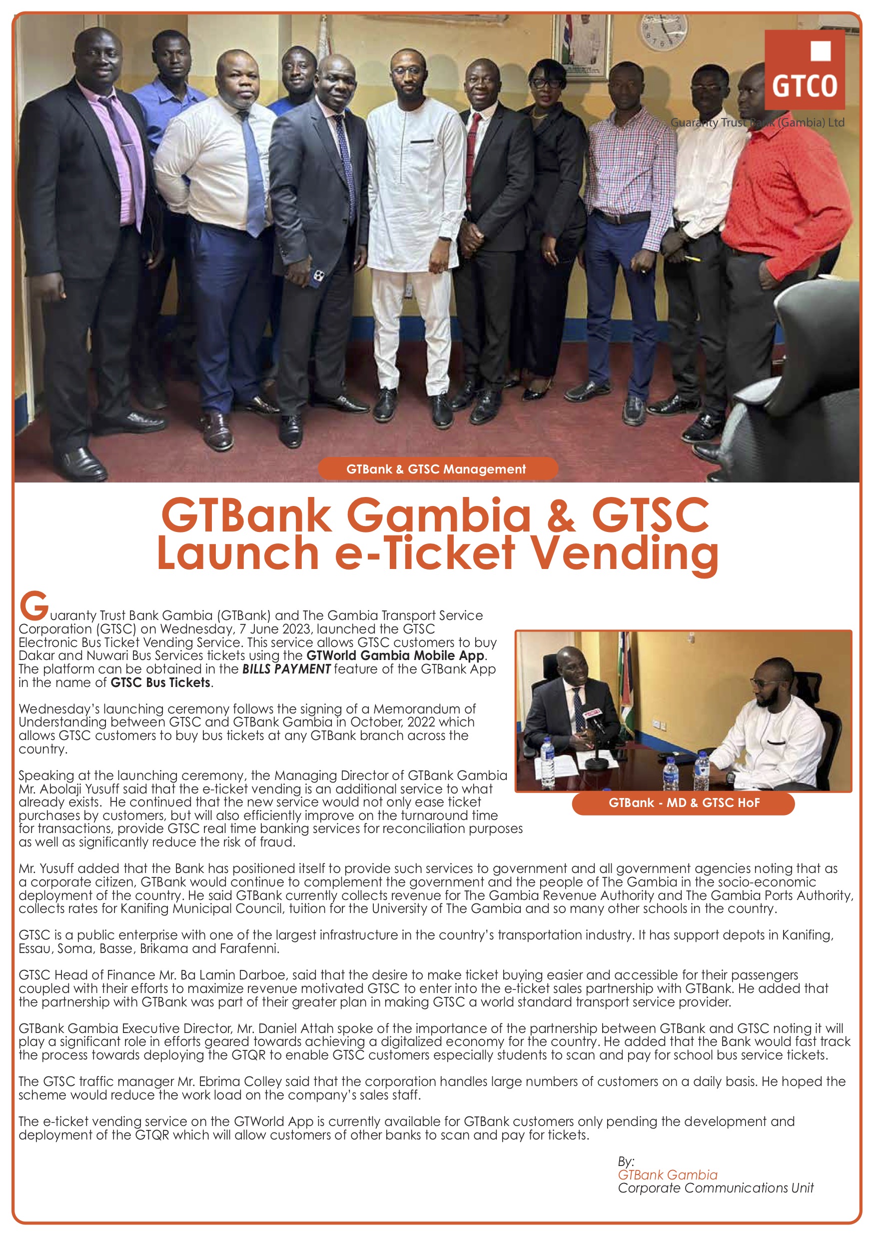 GTBank Gambia & GTSC Launch E-Ticket Vending – The Standard Newspaper ...