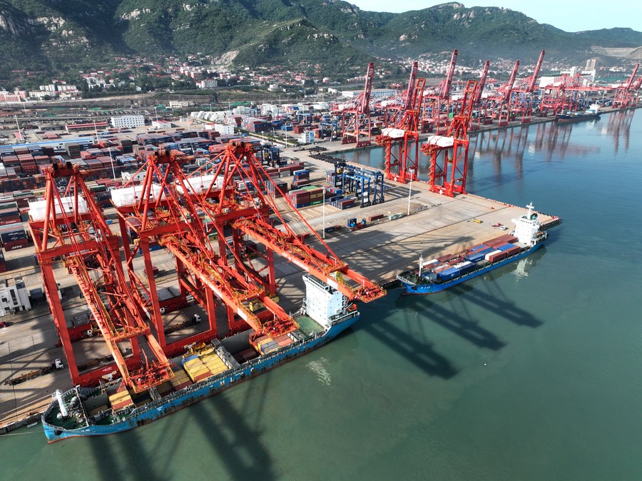 This aerial photo taken on May 9 2023 shows the container terminal at Lianyungang Port east Chinas Jiangsu Province. Photo by Wang Chun Xinhua