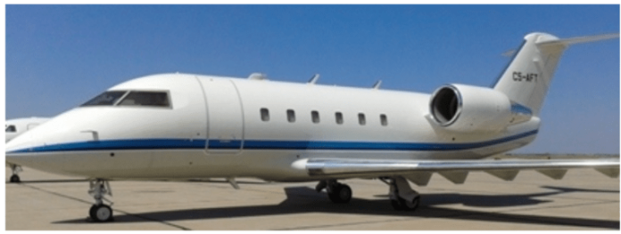 A Challenger CL601, C5-AFT, a 12-seater VIP aircraft taken to the maintenance facility of the ACC Columbia in Cologne, Germany, in 2014.